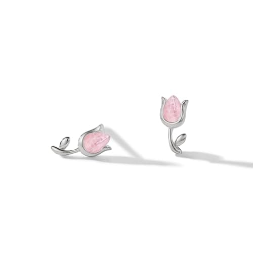 Image of PERIMADE Dainty Pink Tulip Flower Earrings for Women, 18K Gold Plated 925 Sterling Silver Rose Quartz Tulip Earrings, Non Tarnish Birthday Best Friend Anniversary Wedding Jewelry Gift, Silver