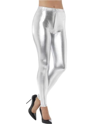 Image of Smiffys 80s Metallic Disco Leggings, Silver , 1980's Fancy Dress, 1980s Dress Up Costumes