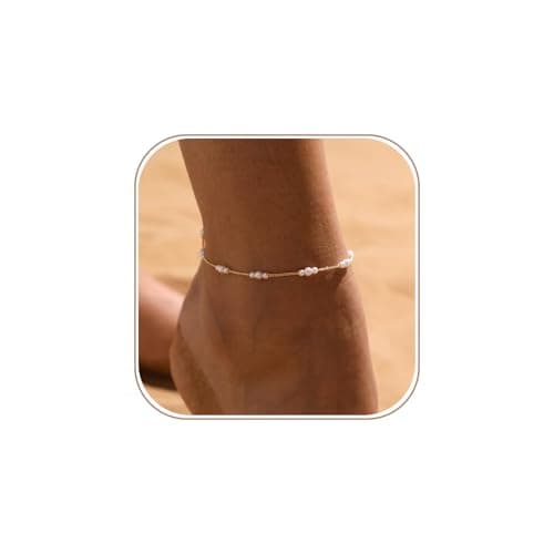 Image of VIROMY Dainty Pearl Anklet for Women 14k Gold Plated Summer Beach Beaded Pearl Anklet Non Tarnish Waterproof Dainty Foot Chain
