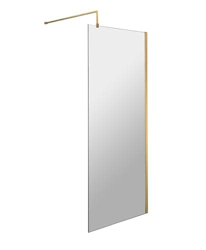 Image of Balterley Wetroom Shower Screen with Support Bar, Glass Shower Screen for Wet Room and Bathroom, 8mm Toughened Safety Glass Screens, Reversible Wetroom Screens - 700 x 1850mm (Brushed Brass)