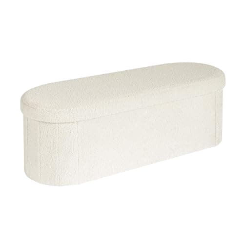Image of Bonlife Folding Ottoman Storage Bench,Boucle Footstool Oval, End of Bed Stool, Ideal for Living Room, Bedroom, 100L Storage Space,Cream,110x38x38cm