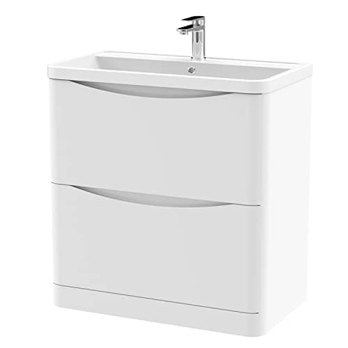 Image of nuie LUN103 Lunar Modern Bathroom Floor Standing 2 Drawer Vanity Basin Unit with Polymarble Basin, 800mm, Satin White