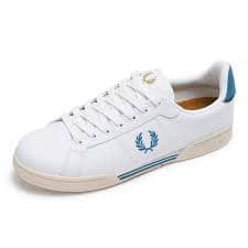 Image of Fred Perry Mens Womens Unisex B722 B6311 Leather Tab Trainers Sneakers in White with Bay Ocean Blue Size 11 UK 46 EU