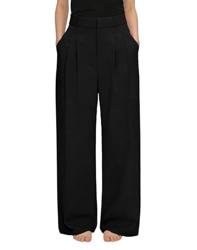 Image of ZHAOCAI Wide Leg Trousers for Women UK High Waisted Casual Pants with Pockets Elastic Waist Loose Straight Leg Lounge Ladies Work Trousers for Office Business (UK, Alpha, M, Regular, Regular, Black)
