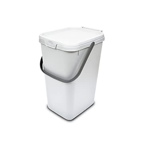 Image of Addis 519227 Kitchen Recycling & General Storage bin 18 litres Stackable Food Waste Organiser Caddy with Clip lock lid & carrying Handle, White & Grey