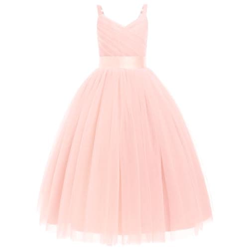 Image of IBTOM CASTLE Flower Girls Tutu Dress Spaghetti Straps Party Dress Wedding Pageant Bridesmaid V-Nevk Dress Girl Pirncess Prom Birthday Dance First Communion Ball Gown Straps-Light Pink 14-15 Years