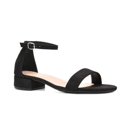 Image of ESSEX GLAM Women's Low Heel Flat Sandals Ladies Ankle Strap Block Chunky Heel Black Faux Suede Comfy Open Toe Shoes Size 6