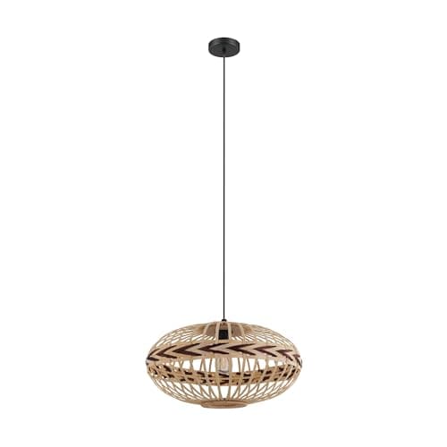 Image of EGLO Dondarrion Pendant Light 1 Bulb Vintage Scandinavian Boho Steel Wooden Dining Table Lamp Living Room Lamp Hanging in Black Natural Wine Red E27 Socket Diameter 50 cm