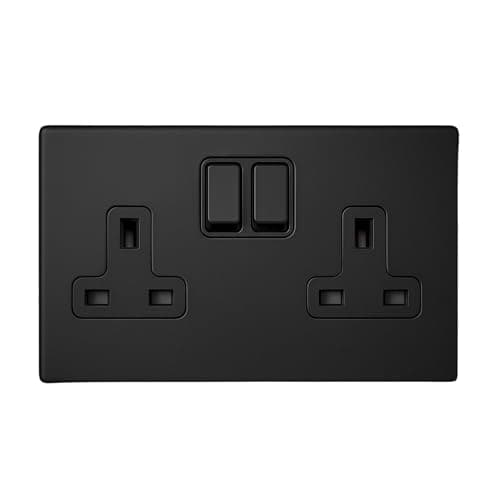 Image of SHPELEC® Matt Black Screwless 2 Gang Plug Socket 13A – 4mm Slim Metal Plate Double Socket for Modern UK Electrical Installations