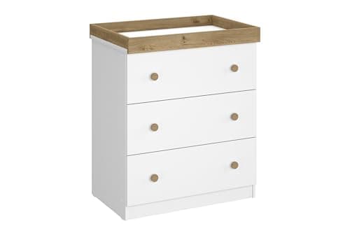 Image of Shefa Kids 888 White - Cremona Oak top 3-Drawer Baby Changing Table with Drawers – Baby Changing Unit & Diaper Changing Station, Convertible Changing Table Unit, Nursery Furniture
