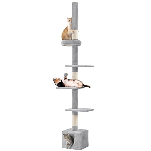Image of Yaheetech Floor To Ceiling Cat Tree Tower, 5-Tier Cat Scratching Posts with Adjustable Height (226-265.5cm), Tall Kitten Climbing Frame with Cozy Condo and Platforms, Light Grey