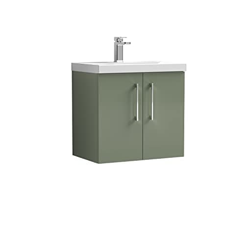 Image of nuie ARN823A Arno Modern Bathroom Wall Hung 2 Door Vanity Unit with Mid-Edge Ceramic Basin, 600mm, Satin Green