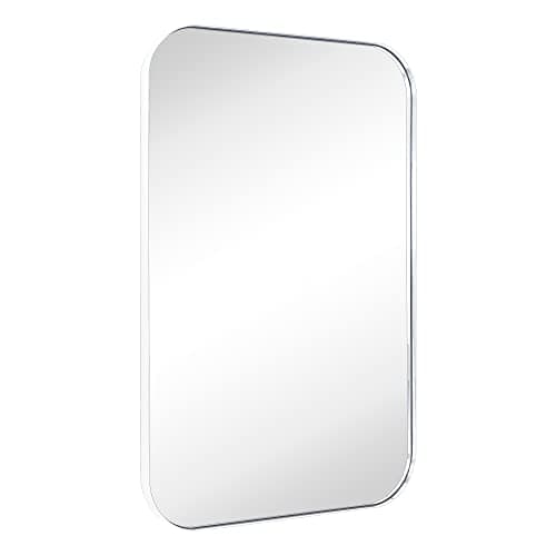 Image of EGHOME 24x36'' Chrome Rounded Rectangle Bathroom Vanity Wall Mirror Polished Nickel Stainless Steel Metal Framed Rectangular Bathroom Mirror, Vertical and Horizontal Hanging