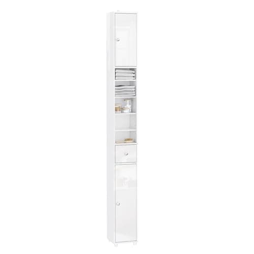 Image of SoBuy Slim Bathroom Storage Cabinet Tall Narrow Bathroom Cupboard White High Gloss - 20x20x180cm Column Unit with 6 Adjustable Shelves & Drawer - Space Saving Freestanding Bathroom Furniture BZR167-GW