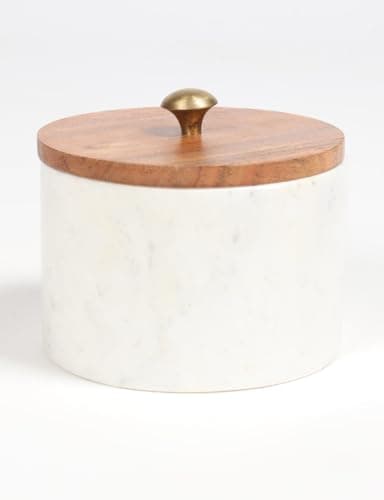 Image of Vayu Earth Luxury White Marble Storage Jar with Acacia Wood Lid – 13 x 13 x 11cm – Decorative Kitchen Canister for Sugar, Coffee, Tea or Bathroom Essentials