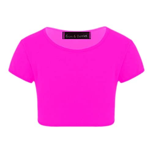 Image of Kids Girls Neon Fluorescent Plain Short Sleeve Crop Tops T-Shirt Tee Top Dance Wear Gymnastic Fancy Dress Colour: Neon Pink - Size: 13-14 Years