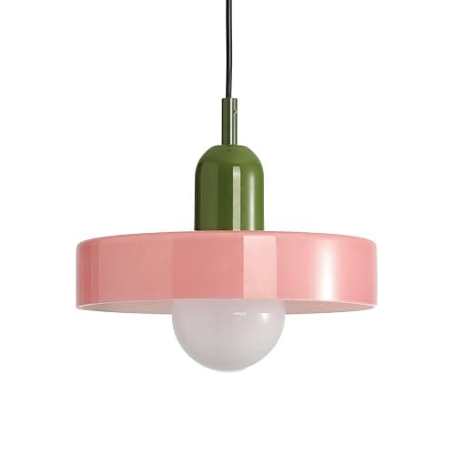 Image of HJXDtech Vintage Colored Glass Pendant Light, 25cm Round Glass Shade with Green Top, E27 Adjustable Ceiling Hanging Lamp for Kitchen Island Dining Room Bedroom Café (Pink)