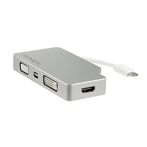 Image of StarTech.com USB C Multiport Video Adapter with HDMI, VGA, Mini DisplayPort or DVI - USB Type C Monitor Adapter to HDMI 1.4 or mDP 1.2 (4K) - VGA or DVI (1080p) - Silver Aluminum (CDPVGDVHDMDP)