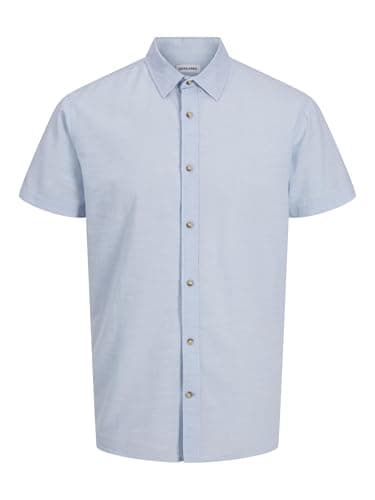 Image of JACK & JONES Mens Cotton Shirts, Short Sleeve Button Down Summer Polo Shirts for Men UK, Chambray Blue Colour, Size S