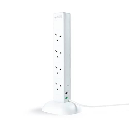 Image of Status Tower Multi Plug Extension 8 Socket Extension Cable 13A Surge Protected with Neon Indicator White 2m Extension Lead S8W2MTUSBSSP4
