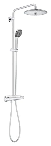 Image of GROHE Vitalio Joy 260 - Shower System with Exposed Thermostat and Tray (Water Saving, 3-Spray Head Shower 26cm with Ball Joint Rotation Angle, 3-Spray Hand Shower 11cm, Hose 1.75 m), Chrome, 26403001