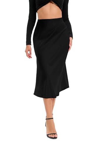 Image of Oyamiki Ladies Black Midi Skirt Elegant Ruffle Skirt Zipper Hidden Elasticized Waistband Elegant Satin Dresses for Women, S