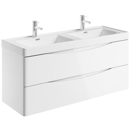Image of Go Bathrooms Eaton 1200mm Wall Hung White Vanity Unit Includes Double Round Resin Basin Gloss Finish Bathroom Furniture Storage Sink Unit