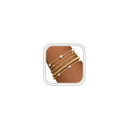 Image of TINGN Gold Tone Bracelets for Women 14K Gold Plated Layered Bracelets Dainty Pearl Bracelet Pearl & Paperclip Stack Bracelet Set Jewellery Gifts for Women Teen Girls