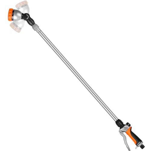 Image of RESTMO 91–152 cm Metal Watering Wand, Long Telescopic Tube | 180° Adjustable Ratcheting Head | 7 Spray Patterns | Flow Control, Garden Hose Sprayer to Water Hanging Baskets, Shrubs, Orange