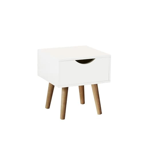 Image of Home Source Bedside Cabinet 1 Drawer White Lamp Side Table, Solid Wood Legs, Scandi Style