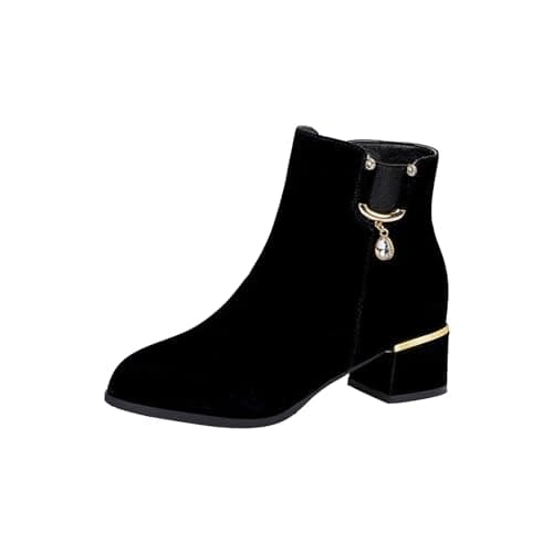 Image of Womens Ankle Boots Comfortable Wide Fit Walking Boots Rhinestone Side Zipper Chunky Block Heel Stylish Classic Short for Adults Zip-up Shoes