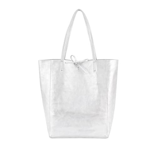 Image of AN Direct Ladies Handbags Soft Italian Real Leather Shopper Tote Bags Women Girls College Shoulder Handbags for Women (Metallic Silver)