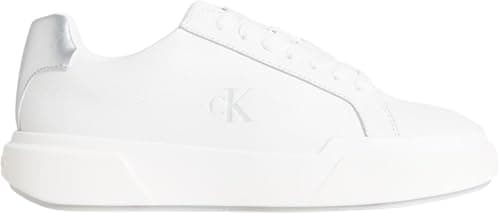 Image of Calvin Klein Jeans Women's Chunky Cupsole Laceup LTH MET YW0YW01948 Low Top, White (Bright White/Silver), 5