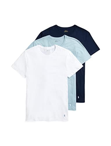 Image of POLO Ralph Lauren Men's Big & Tall Classic Fit Cotton Crew Undershirt 3-Pack, White/Surf Blue, Surf Blue/White, Cruise Navy/White, XL