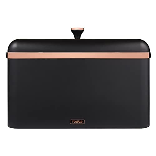 Image of Tower Cavaletto Bread Bin with Removable Lid, Large Capacity, Durable Steel Body, Black and Rose Gold