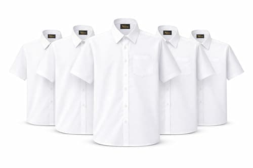 Image of KHIM 5 Pack Kids Boys White Plain Button Down Short Sleeve Uniform School Shirt Easy Iron (5 Pack White, Short Sleeve, Age 11-12)