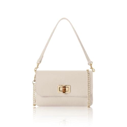 Image of Montte Di Jinne Italian Genuine Leather Mini Crossbody Bag – Turn-Lock Closure, Shoulder & Chain Strap (CREAM)