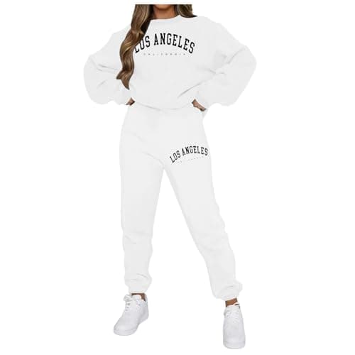Image of Womens Tracksuit Set Letter Print Pullover Sweatshirt and Sweatpants Jogger Stretchy 2 Piece Sweatsuits for Women Winter Warm Hoodie Suits Comfy Soft Tracksuits Set Gym Activewear Leisure (White, XXL)