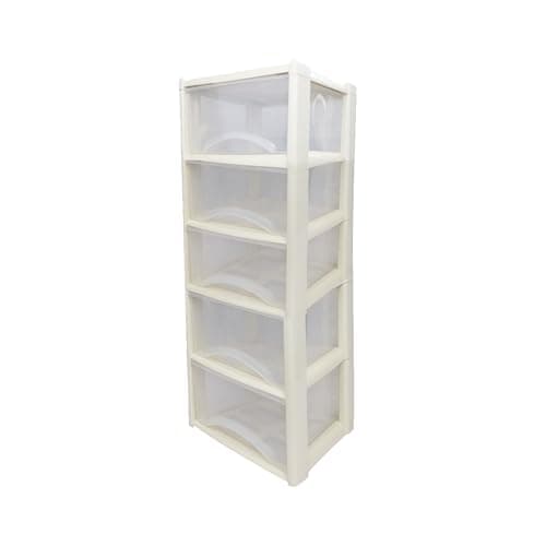 Image of Neat. 5 Plastic Storage Drawers Unit with See-Through Drawers, Compact Vertical Design – Durable Plastic, Ideal for Organizing Office Crafts, and Household Items, 100cm x L39cm x W39cm -Cream