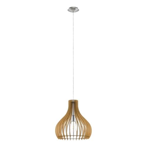 Image of EGLO Tindori Pendant Light, 1-Bulb Vintage Pendant Light Made of Steel and Wood in Nickel Matt, Maple, Dining Table Lamp, Living Room Lamp Hanging with E27 Socket, Diameter 38 cm