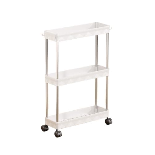 Image of Multibao 3 Tier Slim Slide Out Kitchen Trolley Rack Holder Storage Shelf Organiser with Wheels for Small Spaces Bathroom Kitchen Laundryroom Bedroom Space-Saving (White 13cm*40cm*58m)