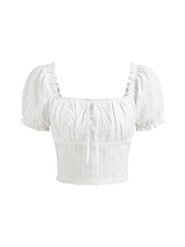 Image of CIDER Blouse for Women Square Neck Broderie Anglaise Short Sleeve Crop Top Ladies Blouses and Shirts Puff Sleeve White