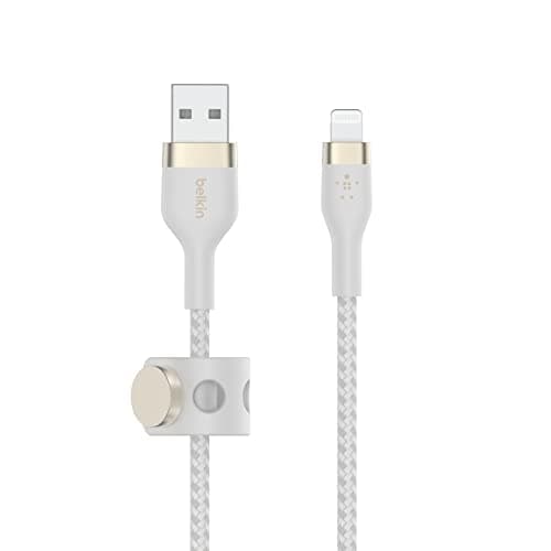 Image of Belkin BoostCharge Pro Flex Braided USB Type A to Lightning Cable (1M/3.3FT), MFi Certified Charging Cable for iPhone 14/14 Plus, 13, 12, Pro, Max, Mini, SE, iPad and More - White
