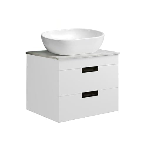 Image of BELOFAY 600mm Wall Mounted Vanity Unit with Basin | Two Soft-Close Drawers | Modern Floating Design with Countertop Basin & White Wooden Worktop | White Matt Finish