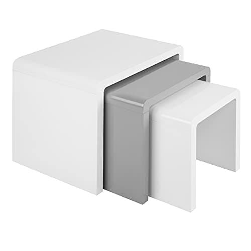 Image of Charles Jacobs Nest of 3 High Gloss Coffee Tables Set Multi-functional Nesting Side End Table for Living Room - White & Grey