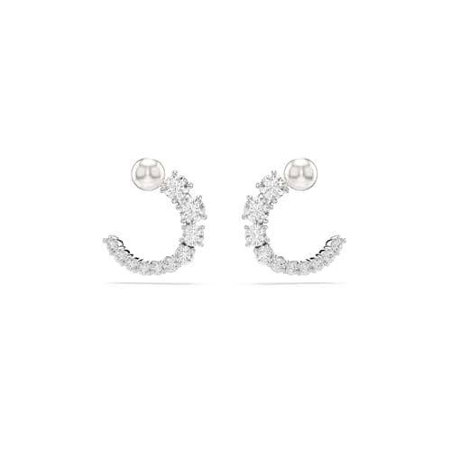Image of Swarovski Matrix Hoop Earrings, Crystal Pearl Studs with Ring of Clear Round-Cut Stones in a Rhodium-Finished Setting, Part of the Swarovski Matrix Collection