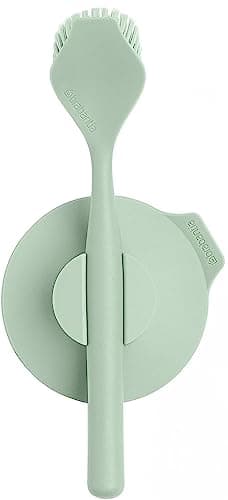 Image of Brabantia - Sinkside Washing Up Brush with Suction Cup Holder - Sink Accessory - Ergonomic Handle - Durable - Built-In Scraper - Dish Brush Holder - Kitchen Organiser - Jade Green - 11 x 5 x 24 cm