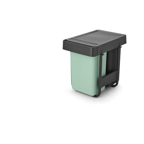Image of Brabantia Sort & Go Pull Out Bin | 2 x 15L Built-in Under Sink Cupboard Bin Inside Door for Kitchen | Integrated Double Waste Recycling Unit with Smooth Rails, Removable Inner Buckets | Grey & Green