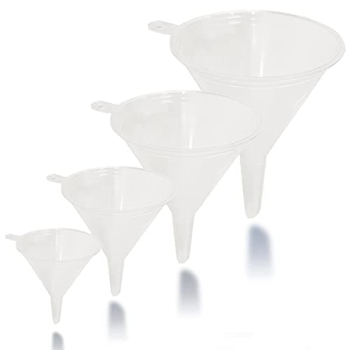 Image of Liqvee® Funnel Transparent in 4 Different Sizes (122, 101, 76 & 50mm) Non-Toxic Food Grade Plastic -Funnels for Filling Bottles or Containers with Holders – Funnel Kitchen ideal for Garage & Labs