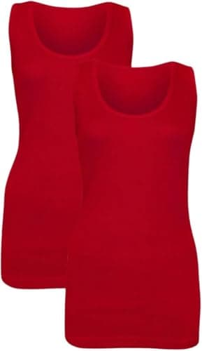 Image of CHAAL® 2 Vest Women's Ribbed Cotton Sleeveless Tank Top Stretchy Casual Scoop Neck Shirt Classic Vest Woman Summer Ribbed Stretchy Vest Ladies Cotton Camisole T-Shirt Style Tank Top Size 14 Red